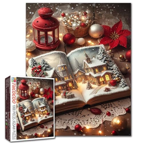 Image of Christmas Book Jigsaw Puzzles for Adults 1000 Pieces Christmas Village Scene Art Jigsaw Puzzles Village Book DIY Puzzles for Challenging Family Activity Games Home Wall Decor Craft Gifts 20x27 Inches