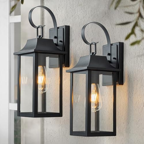 Image of FTL Wall Lights for Outdoor, 2 Pack Vintage Black Wall Lantern, Large Outside Porch Light, E27 Exterior Wall Sconces, Clear Glass Front Door Lighting, IP44 Waterproof Outside Wall Lamp for Patio, Yard