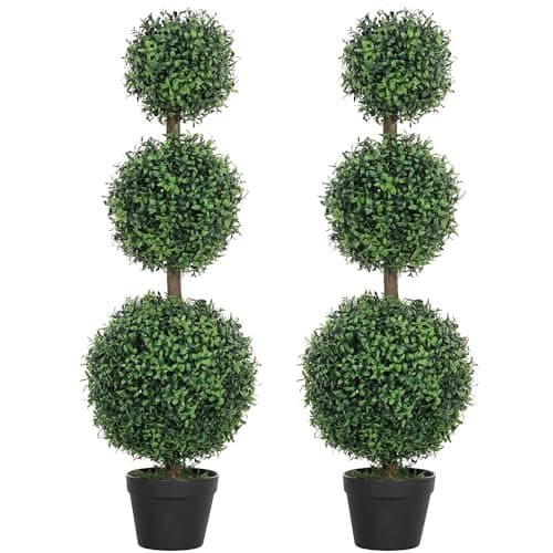 Image of HOMCOM Set of 2 Decorative Artificial Trees, Topiary Ball-shaped Boxwood Trees in Pot, Fake Plants for Home Indoor outdoor Decor, 100cm, 3 Tree Balls