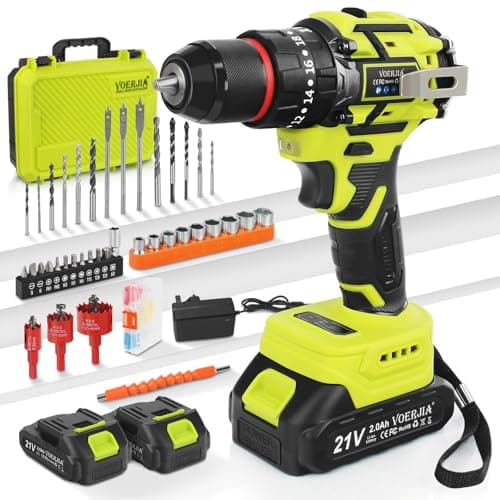 Image of VOERJIA Cordless Drills, 21V Brushless Battery Drill with 2 Batteries 2000mAh, 20+3 Torque Electric Drills, 3/8" Chuck, 65N.m Max Hammer Drill, 2 Spees LED Drill Set, 46Pc DIY Power Tools for Home