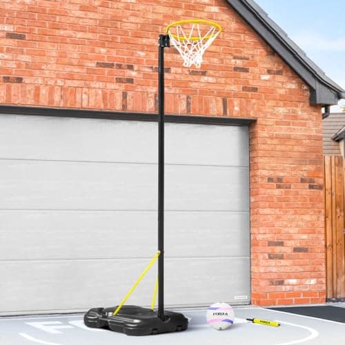 Image of FORZA Freestanding Netball Post - Adjustable 8ft – 10ft Regulation Size Hoop | Full Size Training Post and Hoop Set - Portable Wheeled Base | Optional Ball & Pump (Post + Netball Ball + Pump)