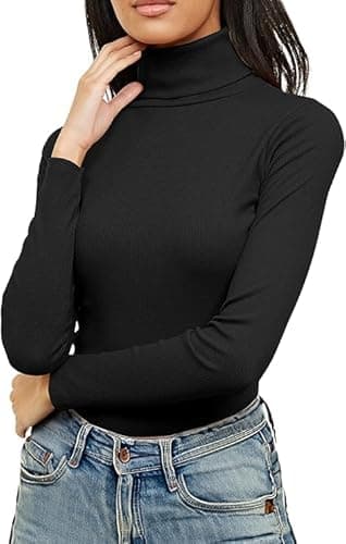Image of Re Tech UK Ladies Plain Ribbed Cotton Polo Turtle Roll Neck Tunic Top Jumper Full Sleeve, Black, S/M 8-10