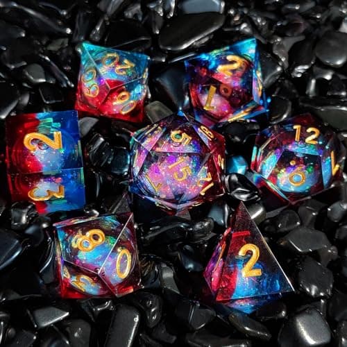 Image of ORUZA 7 PCS Liquid Core DND Dice Resin Sharp Edge Dice Polyhedral D&D Dice Set for Dungeons and Dragons RPG MTG Table Games (Liquid Quicksand Red Blue)
