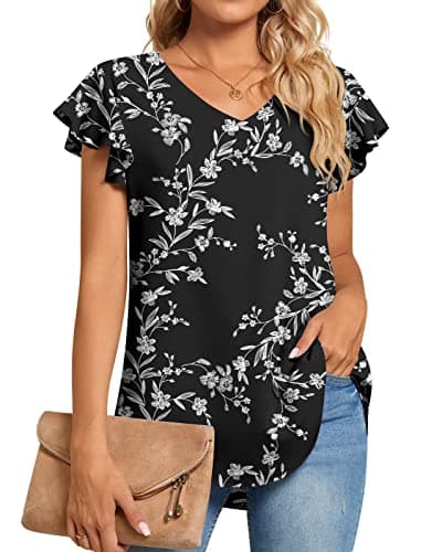 Image of TAOHUADAO Womens Plus Size Summer Casual Dressy Shirts V Neck Tunic Ruffle Short Sleeve Chiffon Tops Comfy Blouse 2X-Large, Black White Flower