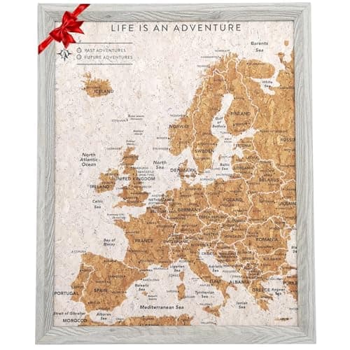 Image of Splosh Travel Map - European Desk Pin Board in Grey with Wooden Frame - Cork with 100 Pins in 2 Colours to Mark Adventures