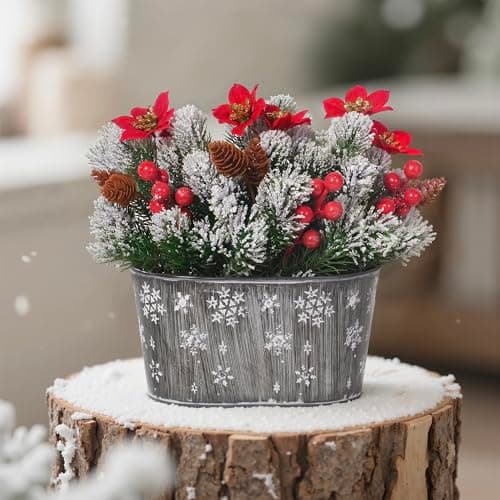 Image of UoYeet Christmas Table Decoration Artificial Plants Indoor, Potted Artificial Pine Branches with Poinsettias, Berries & Pine Cones for Christmas Table Centerpiece and Home Décor Gifts