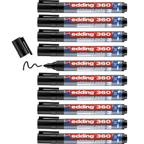 Image of edding 360 whiteboard marker - black - 10 whiteboard pens - round tip 1.5-3 mm - whiteboard pen dry wipe - for whiteboards, flipcharts, pinboards, magnetic and memo boards - sketchnotes - refillable