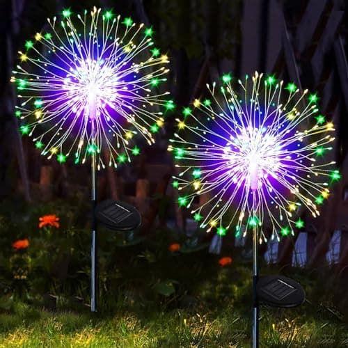 Image of yowin Solar Lights Outdoor Garden 2 Pack 120 LED Firework Solar Stake Lights, 8 Modes Starburst Light Waterproof Garden Ornaments with Copper Wire for Pathway Balcony Decorations - Multi-Coloured