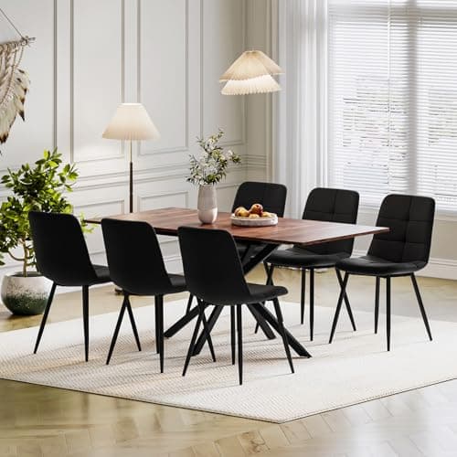 Image of Luxstein Extendable Dining Table and Chairs Set 6, 120-160cm Wood Grain Table with 6 Black Upholstered Linen Chairs for Dining Room, Kitchen