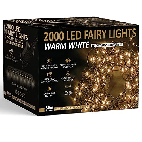 Image of NETTA Christmas Tree Lights 2000 LED 50m Warm White - 2.5cm Bulb Distance Fairy String Lights Plug in with Timer and Memory Functions - Suitable for Outdoor/Indoor Use