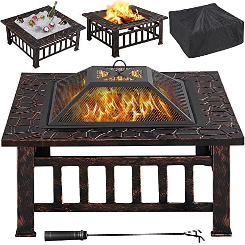 Image of Yaheetech Outdoor Fire Pit 81cm Square Fire pits 3-in-1 Heat-resistant Metal Garden Stove for Barbecue, Heating, Cooling Drinks with Cover & Poker, Copper