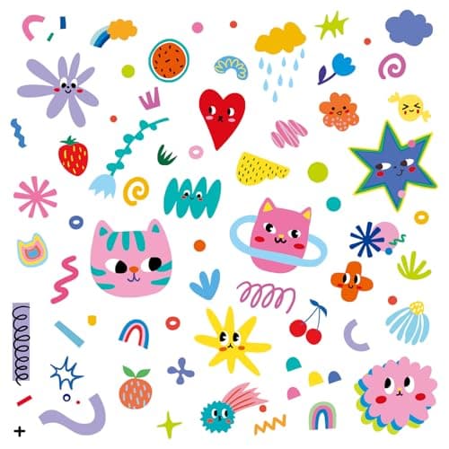 Image of FUFUQUARE Colorful Retro Cartoon Doodle Wall Stickers, Cute Cat Star Fruit Rainbow Abstract Shapes Wall Decals, Removable Peel and Stick for Kids Bedroom Playroom Nursery Home Décor