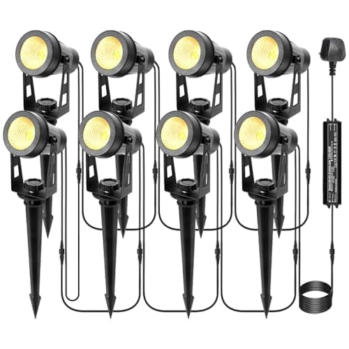Image of ECOWHO Garden Lights Mains, 27m 8-in-1 LED Outdoor Spotlights with Adapter, IP65 Waterproof Outdoor Spike Lights 12V Low Voltage Garden Lighting 2700K Electric Pathway Lighting for Lawn, Yard, Patio