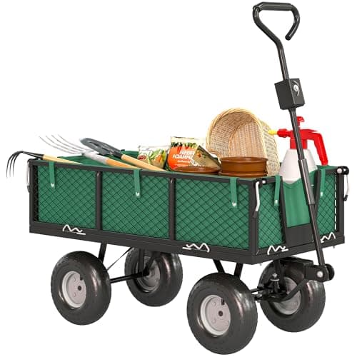 Image of Outsunny Garden Trolley Cart, Heavy Duty Festival Trolley with Removable Liner, Quick-Release Sides, 10" Pneumatic Wheels, 180° Rotating Handle, 300kg Capacity, Green