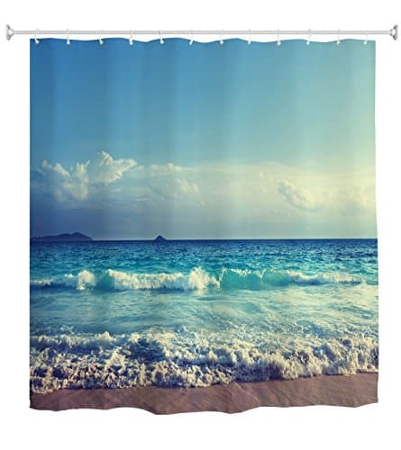Image of goodbath Ocean Beach Shower Curtain, Sea Waves Blue Sky Waterproof Mould proof Fabric Bathroom Curtains, 180 x 180 cm, Blue White Brown
