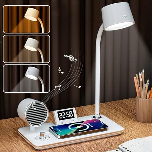 Image of LTXDJ Desk Lamp with Wireless Charging, Dimmable LED Reading Lamp with Bluetooth Speaker and Alarm Clock, Touch Contro Study Lamps Table Lights for Studying Working and Relaxing