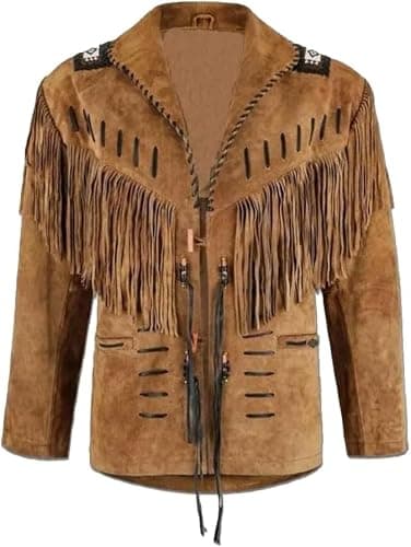 Image of Fami Sports Men's Traditional Cowboy Western Jacket | Native American Suede Leather | Classic Style With Beads, Fringes & Bones Work (UK, Alpha, 3XL, Regular, Regular, Brown)