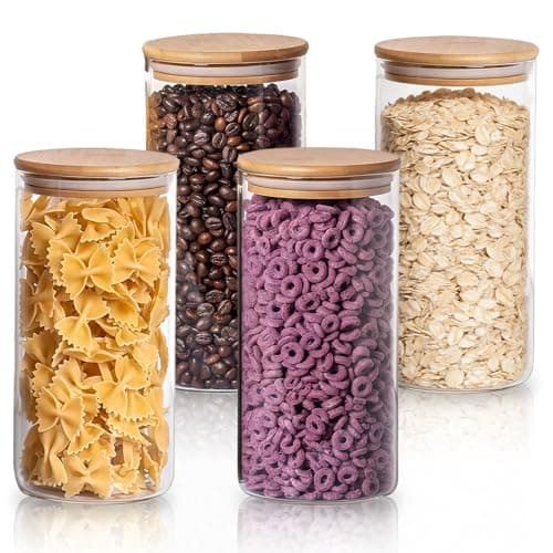 Image of MEETOZ 950ml Set of 4 Glass Jars with Bamboo Lids,High Borosilicate Glass Transparent Airtight Food Storage Tank,Large Capacity Kitchen Food Containers for Spices,Coffee Beans,Oatmeal