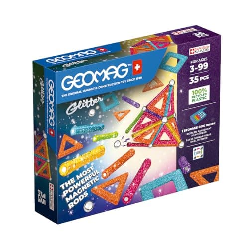 Image of Geomag, Recycled Glitter, Magnetic Constructions With Glitter Effect, Colorful And Glittery Magnetic Bars, 35-Piece Pack, 100% Recycled Plastic, White