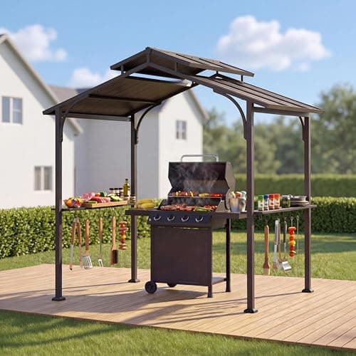 Image of SUNJOY 2.4x1.5m BBQ Gazebo with 2 Shelves & 10 Hooks, Double Vented Roof, Steel Frame, Hardtop Waterproof Grill Shelter, UV & Wind Resistance, Outdoor Cooking for Garden Patio Partys