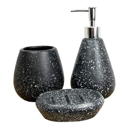 Image of 3 Piece Stone Effect Ceramic Bathroom Sink Accessories Set - Dark Grey