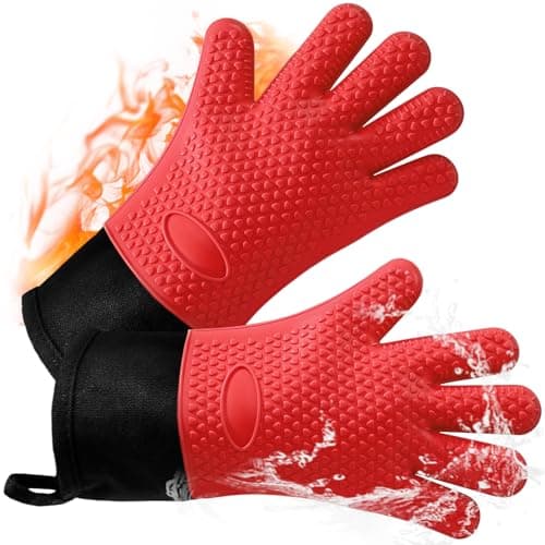 Image of AMFUN 1 Pair Silicone Oven Gloves Heat Resistant 464°F, Extra Long Non-Slip Oven Mitts,Silicone BBQ Gloves with Fingers, Waterproof Kitchen Gloves for Barbecue Grilling Weber Pizza Microwave-Red