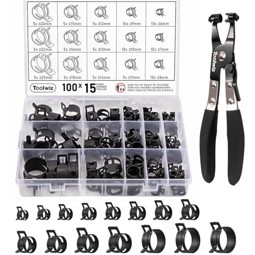 Image of Toolwiz 100Pcs 6-25mm Spring Band Hose Clamp Assortment with Swivel Clamp Pliers, Constant Tension Radiator Hose Clamps, Black Hose Clips for Fuel Line, Silicone Vacuum Hose, Air Tube, Water Pipe