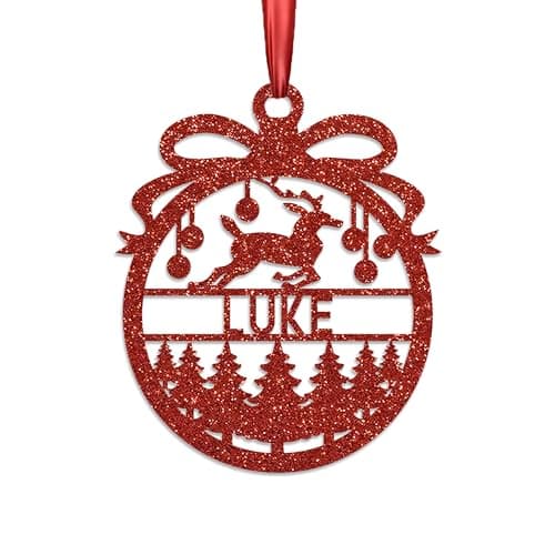 Image of KreateSquare Personalised Christmas Bauble, 950 GSM (1.7 mm) Double-Sided Glitter Xmas Tree Decoration, Custom Name Baubles, Red, White & Green Christmas Ornaments (Red, Reindeer)
