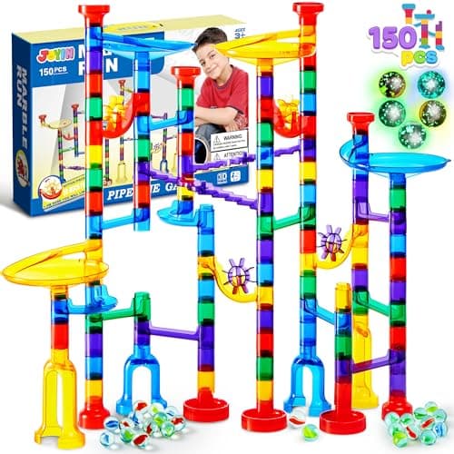 Image of JOYIN 150 Pcs Marble Run Premium Set, Construction Building Blocks Toys, STEM Learning Toy, Educational Building Block Toy(100 Translucent Plastic Pieces + 50 Glass Marbles)