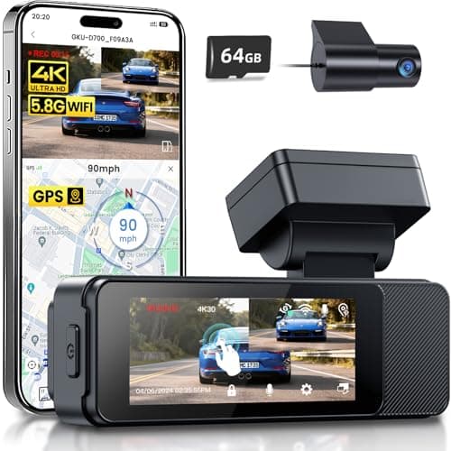 Image of GKU 4K Dash Cam Front and Rear, 5Ghz Wi-Fi Dashcam with 3.18'' Touchscreen, GPS, Dual Car Camera Dash Cam with 64GB SD Card,Super Night Vision,WDR,Parking Monitor,G-sensor,Loop Recording,Max 512GB