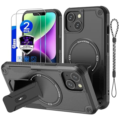 Image of for iPhone 13 Case/iPhone 14 case[Compatible with MagSafe][with 2*9H Tempered Glass Screen Protector], Built in Invisible Stand, Not fading，Shockproof Protective Phone Cover 6.1-inch(Black)