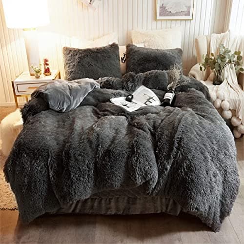 Image of Hug and Snug Teddy Fleece Duvet Cover Set,Super Soft Fluffy Fur Bedding with Pillowcases – Warm, Cosy & Shaggy Winter Quilt Cover – Luxury Fleece Bedding Set (Charcoal, King)