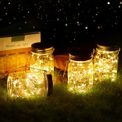 Image of Solar Mason Jar Lights - 4 Pack 30LED Hanging Lanterns with IP65 Waterproof Design for Indoor/Outdoor Garden, Patio, Wedding, Yard, Lawn Party Decor (Warm White)