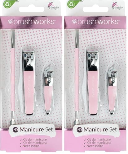 Image of Brushworks Manicure Set – 3 Piece Stainless Steel Nail Grooming Kit for Home or Travel – Includes Nail Clipper, Cuticle Pusher & Nipper – Vegan & Cruelty-Free (Pack of 2)
