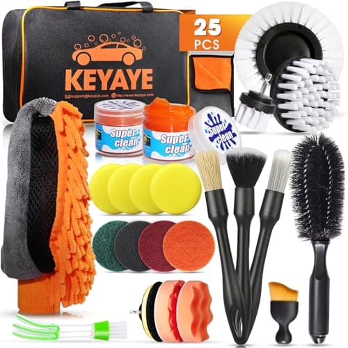 Image of KEYAYE 25 Pcs Car Cleaning Kit, Car Detailing Kit with Ultra-Soft Car Detailing Brushes, Car Washing Kit with Microfibre Cleaning Cloth, Car Wash Mitt, Alloy Wheel Brush, Drill Brushes Set and Bag