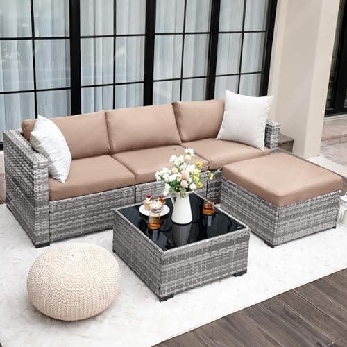 Image of UDPATIO Rattan Garden Furniture Sets of 5,Corner Sofa Set 4 Seaters with Coffee Table,Outdoor Furniture Sectional Modular Combination with Cushion for Balcony,Patio,Khaki