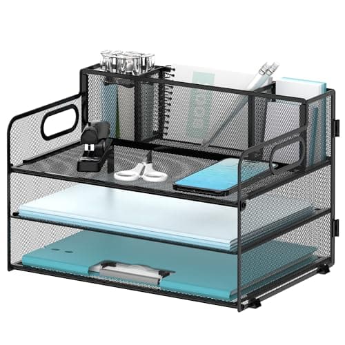 Image of DALTACK Paper Organizer for Desk, Desk Accessories, Desk Tidy with 3 Pen Holders, 3-Tier Desk Organizer Tray with Handles, Paper Organizer Storage for Home Office School, Black