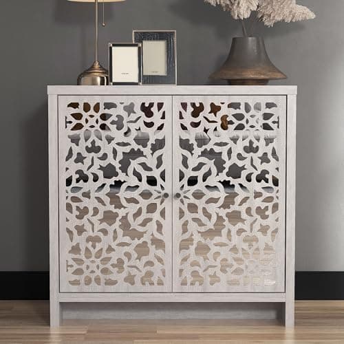 Image of Galano Norwich 2 Door Sideboard – Modern Laser Cut Design with Acrylic Mirror – Storage Cabinet for Living Room, Bedroom, or Kitchen – Dusty Grey Oak