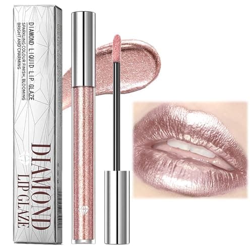 Image of Metallic Diamond Glitter Lip Gloss - Waterproof, Lightweight, Long-Lasting Pink Shimmer Lipstick with Soft Metallic Eyeshadow, Nonstick Cup and Shiny Sparkle