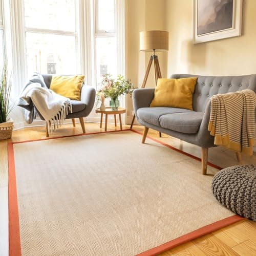 Image of Natural Herringbone Orange Red Cotton Border Jute Area Rug Soft Woven Non Slip Flatweave Mat Sisal Sustainable Living Room Carpet Entrance Hallway Kitchen Rugs 80cm x 150cm