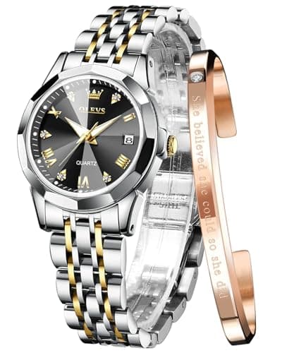 Image of OLEVS Watches for Women Diamond Roman Numerals Easy Read Ladies Watches Silver Dress Day Analogue Two Tone Stainless Steel Designer Waterproof Female Wrist Watch