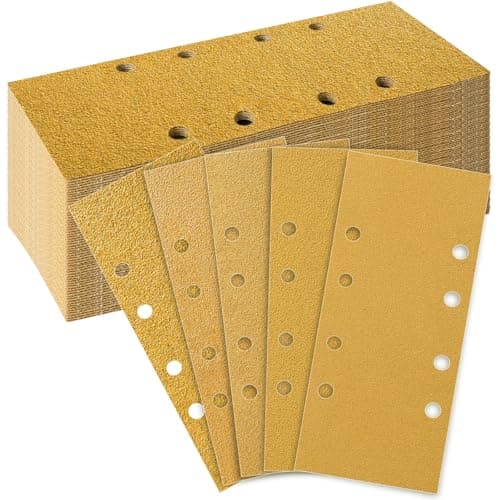 Image of 50 Pieces 93x230mm Sandpaper 8 Hole, Enhanced Grinding Performance Sanding Sheets, Grits 40/60/80/120/240 Hook and Loop Rectangular Sander Paper Set for Bosch Electric Sander Polishing, Rust Removal