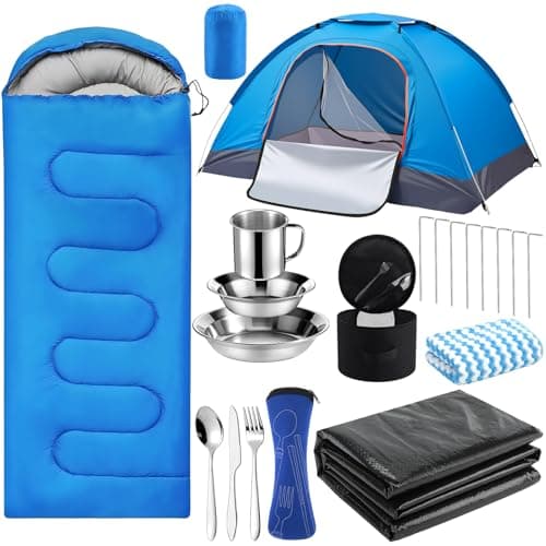 Image of 11 Pcs Camping Tent Set for 1-2 Person, Complete Outdoor Travel Gear with Tent Sleeping Bag Stainless Steel Mess Kit Waterproof Tarp for Backpacking, Road Trips, Beach, & Backyard Adventure