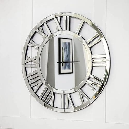 Image of DEENZ 40X40Cm Full Mirrored Wall Clock Large Roman Numeral Clock Silver Finish Modern Home Decorative Mount (Round)