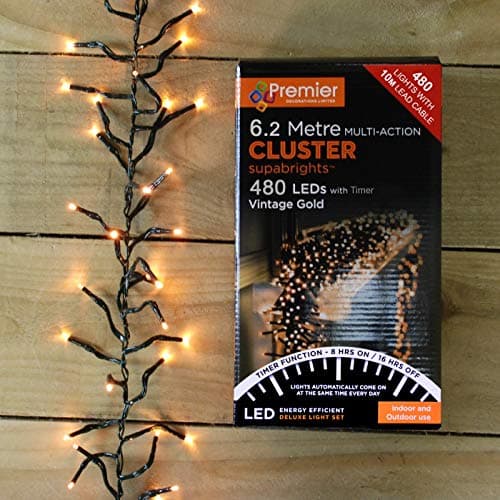 Image of 6.2M 480 Vintage Gold LED Outdoor Multi-Action Cluster Supabrights with Timer