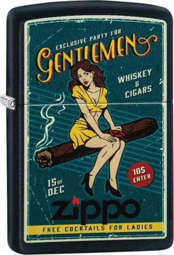 Image of Zippo Windproof Lighter - Cigar Girl - Black Matte, Color Image - Refillable for Lifetime Use - Adjustable Flame - Gift Box - Metal Construction - Made in USA
