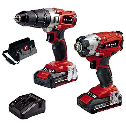 Image of Einhell Cordless Drill and Impact Driver Set with 2 x Batteries, Charger and Storage Bag 18V Power X-Change, Brushless Combi Drills and Driver Sets Cordless TE-CD 18/44 Li-i + TE-CI 18/1 Li