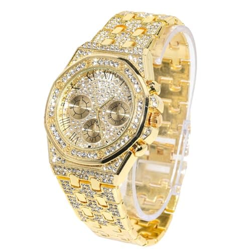 Image of HALUKAKAH Diamonds Gold Watch Iced Out, Men's 18K Real Gold Plated 40MM Width Roman Numerals Dial Quartz Wristband 22cm, Free Giftbox