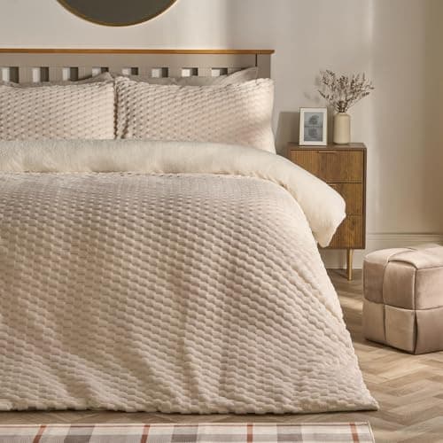 Image of OHS Single Fleece Duvet Cover Set, Autumn Winter Luxury Waffle Fleece Duvet Set Super Soft Cosy Warm Sherpa Reversible Single Bedding with Matching Pillowcase, Cream