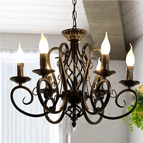 Image of Ganeed Pendant Chandelier Wrought Iron Antique Looking Candle Style Hanging Chandelier Light Fixture Old Fashioned for Bedroom Dining Room Hallway Black 6 Lights